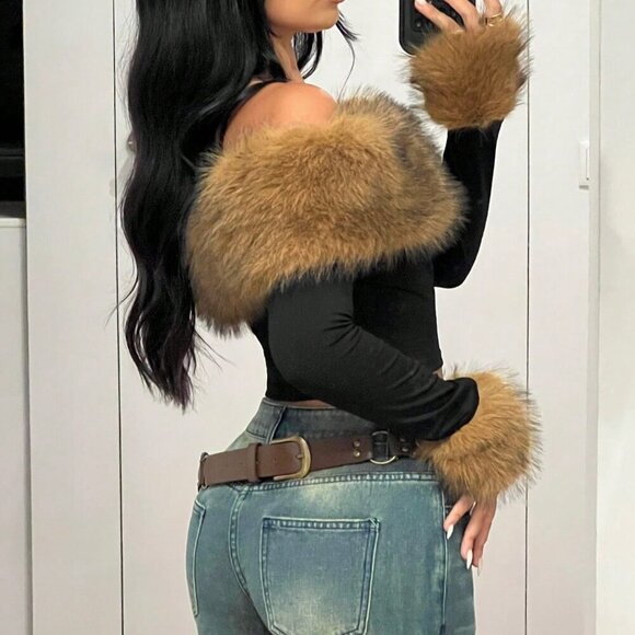 Multicolor Casual Women's Fluffy Collar Splice Off Shoulder Long Sleeve T-Shirt - Picture 2 of 6